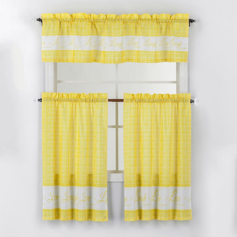 Decotex 3 Piece Live Love Laugh Gingham Check Plaid Kitchen Window Curtain Tiers and Valance Set (Yellow, 36" Tiers with 14" Valance) - Image 1